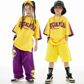 Нов танцов костюм в стил хип-хоп за момчета и момичета, Жълта тениска, Потник, Свободни панталони, Лятна модни Детски дрехи